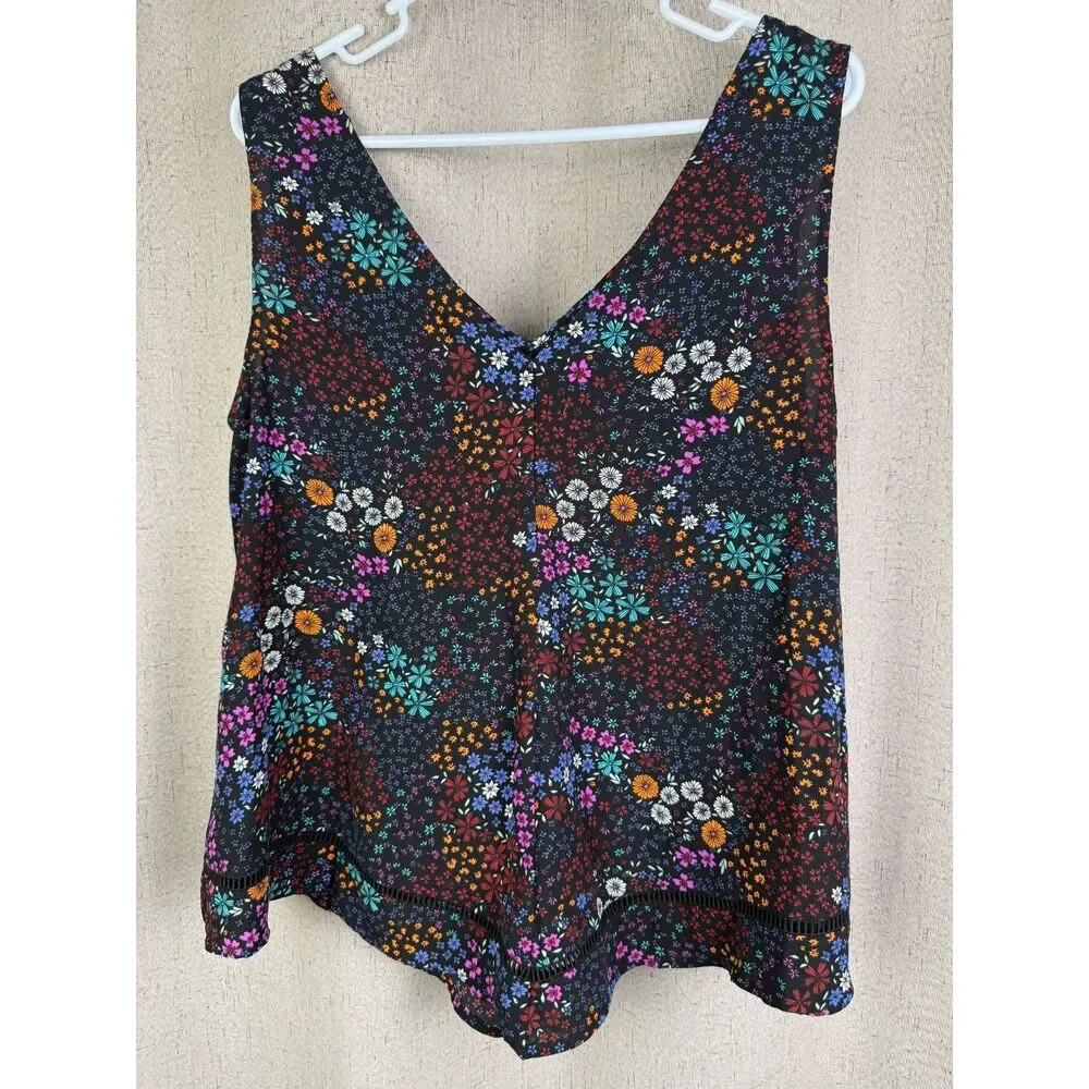 A.N.A‎ Black Multi Micro Floral V-Neck Tank Top Crochet Trim